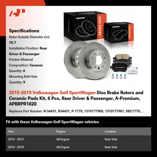 2015-2019 Volkswagen Golf SportWagen Disc Brake Rotors and Ceramic Pads Kit, 6 Pcs, Rear Driver & Passenger, A-Premium, APBRPR1820