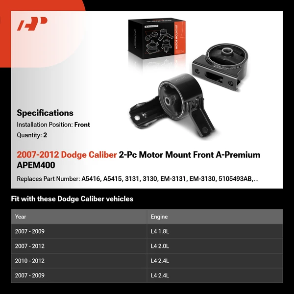 2007-2012 Dodge Caliber 2-Pc Motor Mount Front A-Premium APEM400