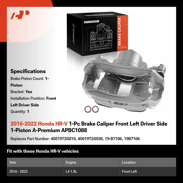 2016-2022 Honda HR-V 1-Pc Brake Caliper Front Left Driver Side 1-Piston A-Premium APBC1088
