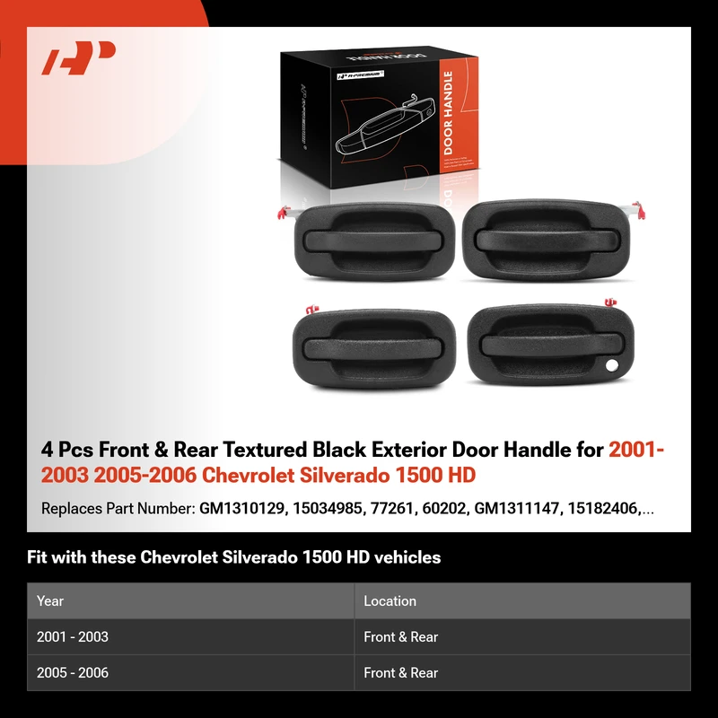 4 Pcs Front & Rear Textured Black Exterior Door Handle for 2001-2003 2005-2006 Chevrolet Silverado 1500 HD