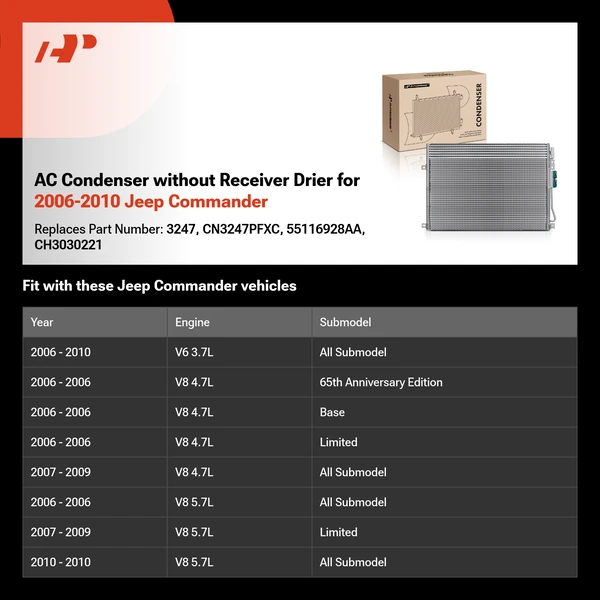 AC Condenser without Receiver Drier for 2006-2010 Jeep Commander