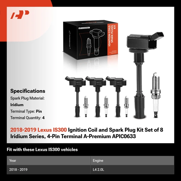2018-2019 Lexus IS300 Ignition Coil and Spark Plug Kit Set of 8 Iridium Series, 4-Pin Terminal A-Premium APIC0633