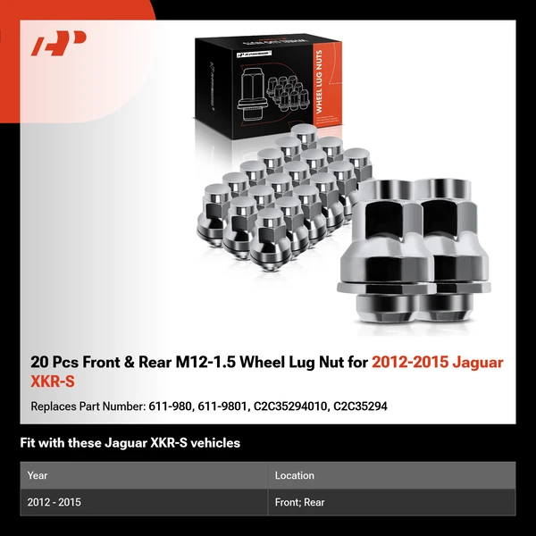 20 Pcs Front & Rear M12-1.5 Wheel Lug Nut for 2012-2015 Jaguar XKR-S