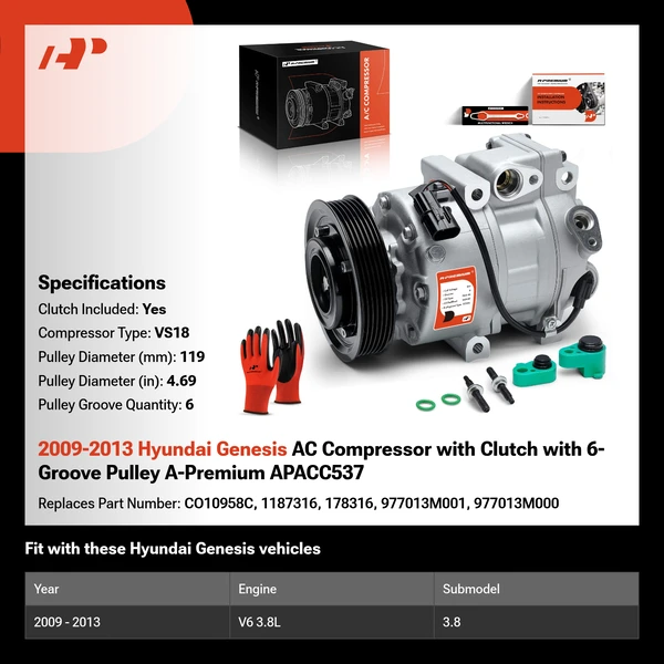 2009-2013 Hyundai Genesis AC Compressor with Clutch with 6-Groove Pulley A-Premium APACC537