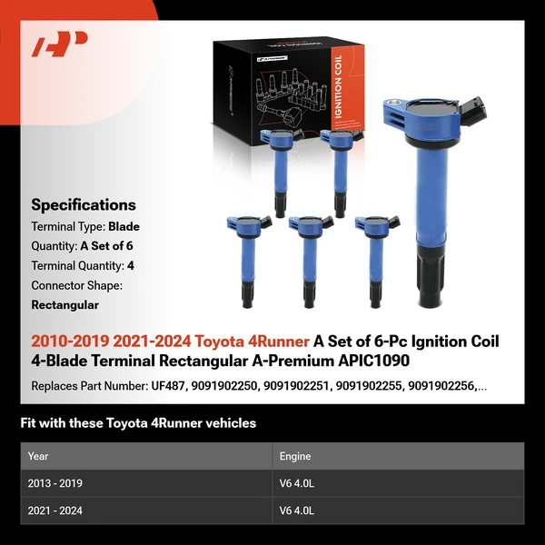 2010-2019 2021-2024 Toyota 4Runner A Set of 6-Pc Ignition Coil 4-Blade Terminal Rectangular A-Premium APIC1090