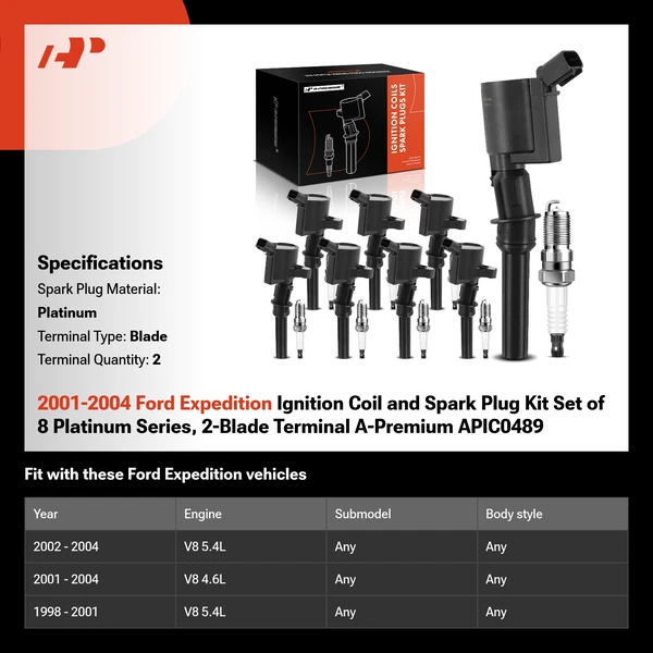 2001-2004 Ford Expedition Ignition Coil and Spark Plug Kit Set of 8 Platinum Series, 2-Blade Terminal A-Premium APIC0489