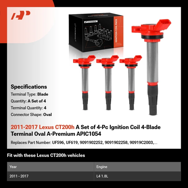 2011-2017 Lexus CT200h A Set of 4-Pc Ignition Coil 4-Blade Terminal Oval A-Premium APIC1054