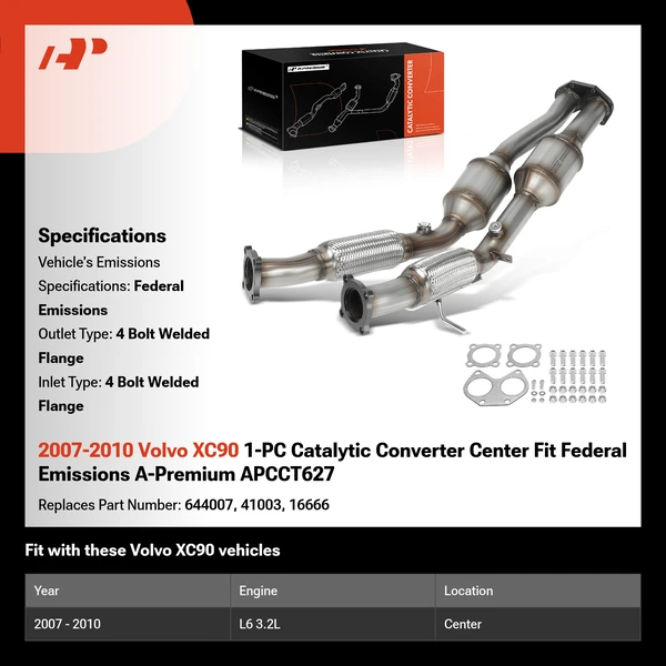 2007-2010 Volvo XC90 1-PC Catalytic Converter Center Fit Federal Emissions A-Premium APCCT627