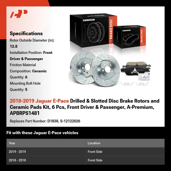 2018-2019 Jaguar E-Pace Drilled & Slotted Disc Brake Rotors and Ceramic Pads Kit, 6 Pcs, Front Driver & Passenger, A-Premium, APBRPS1481