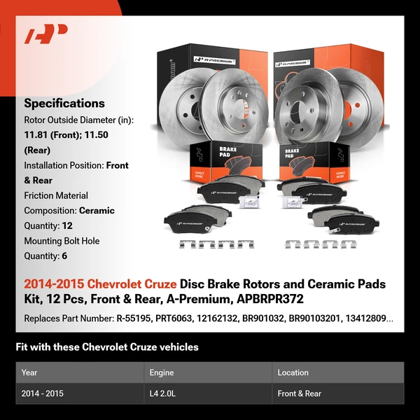 2014-2015 Chevrolet Cruze Disc Brake Rotors and Ceramic Pads Kit, 12 Pcs, Front & Rear, A-Premium, APBRPR372