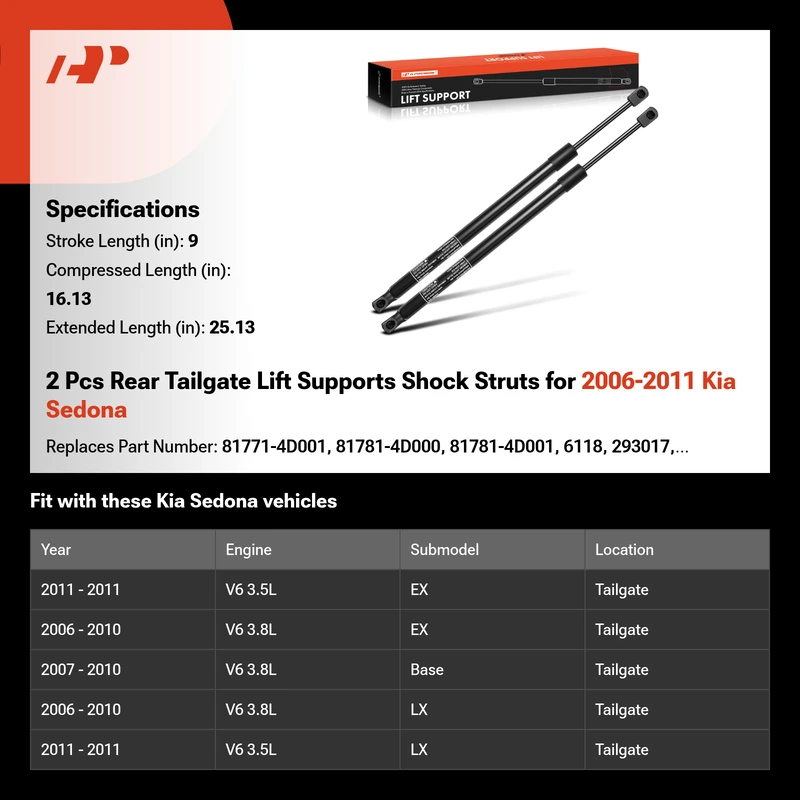 2 Pcs Rear Tailgate Lift Supports Shock Struts for 2006-2011 Kia Sedona