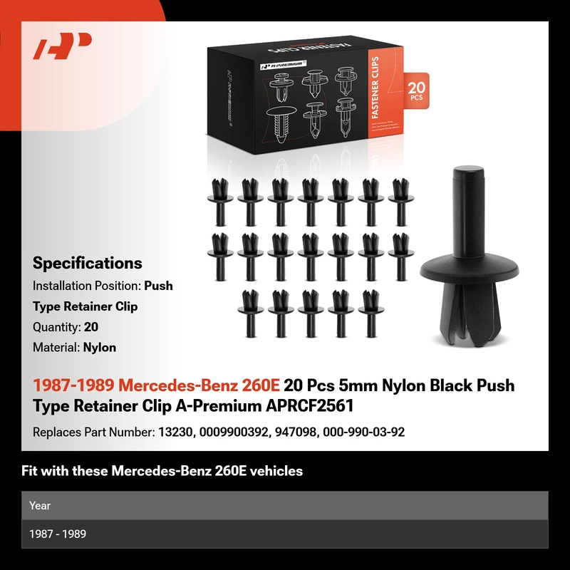 1987-1989 Mercedes-Benz 260E 20 Pcs 5mm Nylon Black Push Type Retainer Clip A-Premium APRCF2561