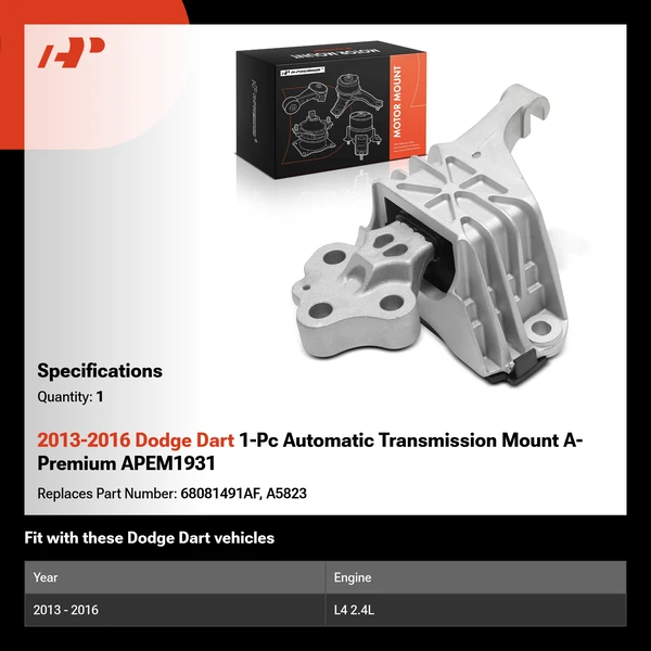 2013-2016 Dodge Dart 1-Pc Automatic Transmission Mount A-Premium APEM1931