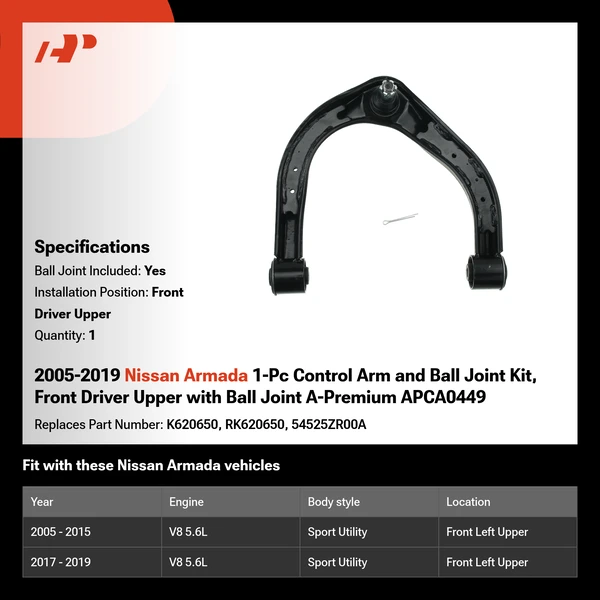 2005-2019 Nissan Armada 1-Pc Control Arm and Ball Joint Kit, Front Driver Upper with Ball Joint A-Premium APCA0449