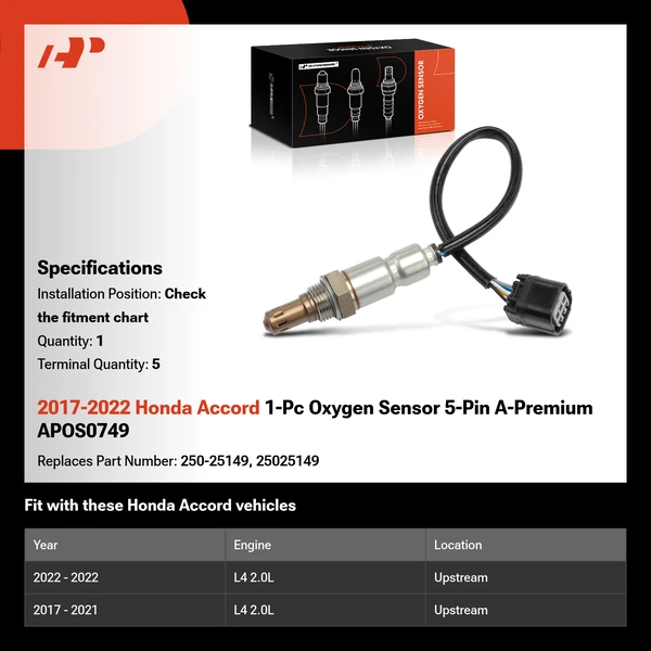 2017-2022 Honda Accord 1-Pc Oxygen Sensor 5-Pin A-Premium APOS0749