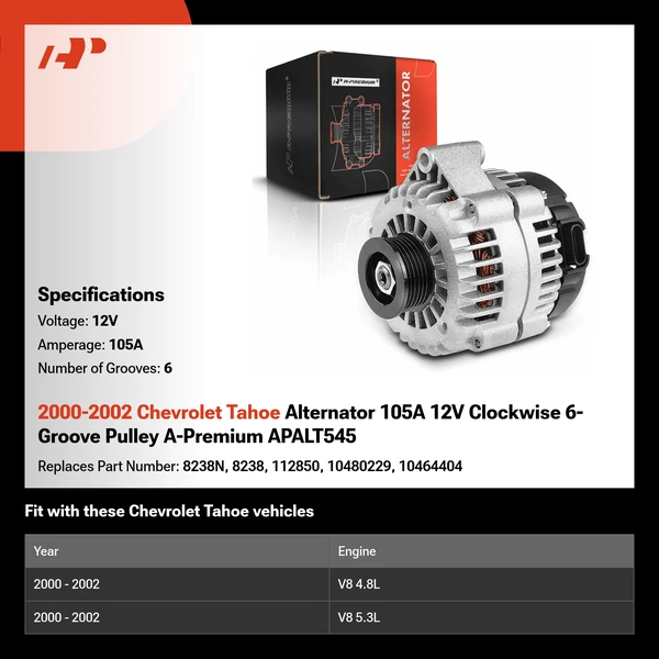 2000-2002 Chevrolet Tahoe Alternator 105A 12V Clockwise 6-Groove Pulley A-Premium APALT545
