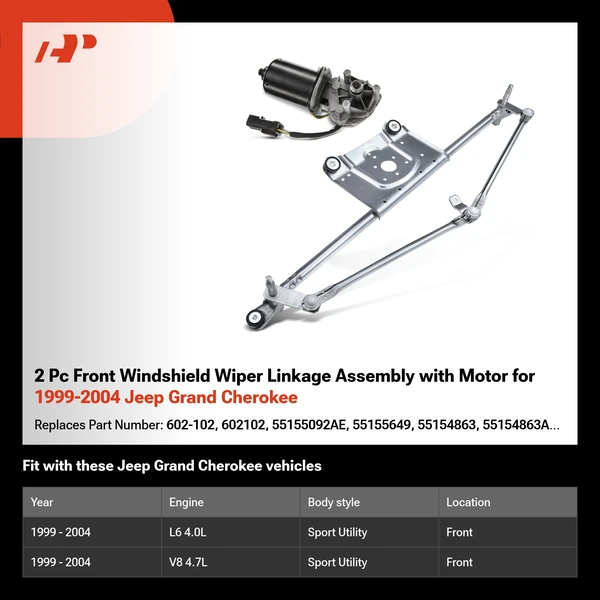 2 Pc Front Windshield Wiper Linkage Assembly with Motor for 1999-2004 Jeep Grand Cherokee