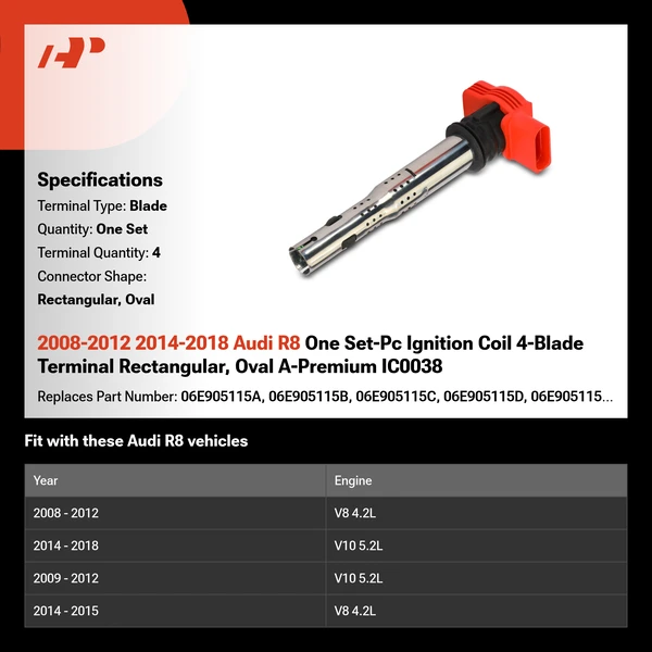 2008-2012 2014-2018 Audi R8 One Set-Pc Ignition Coil 4-Blade Terminal Rectangular, Oval A-Premium IC0038