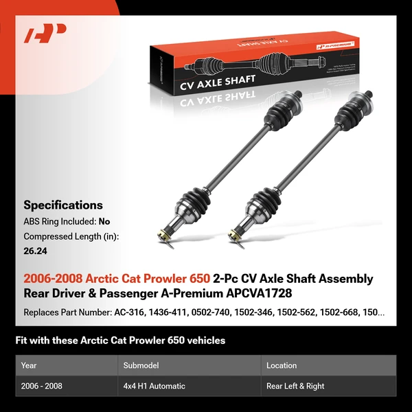 2006-2008 Arctic Cat Prowler 650 2-Pc CV Axle Shaft Assembly Rear Driver & Passenger A-Premium APCVA1728