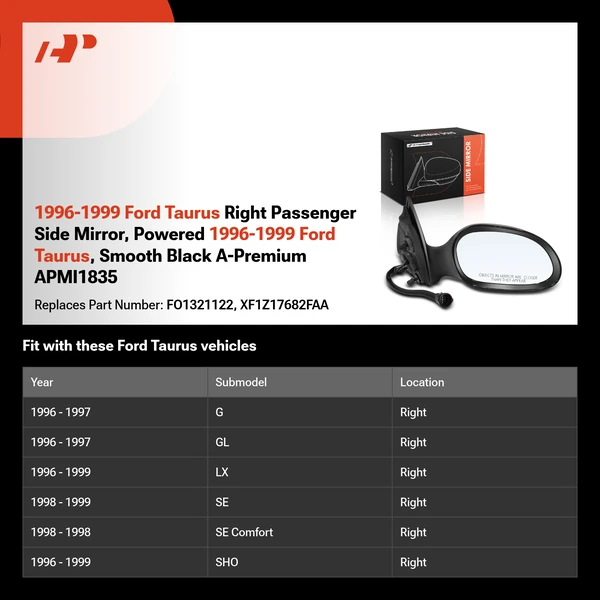 1996-1999 Ford Taurus Right Passenger Side Mirror, Powered 1996-1999 Ford Taurus, Smooth Black A-Premium APMI1835