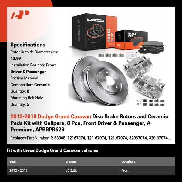 2012-2018 Dodge Grand Caravan Disc Brake Rotors and Ceramic Pads Kit with Calipers, 8 Pcs, Front Driver & Passenger, A-Premium, APBRPR629