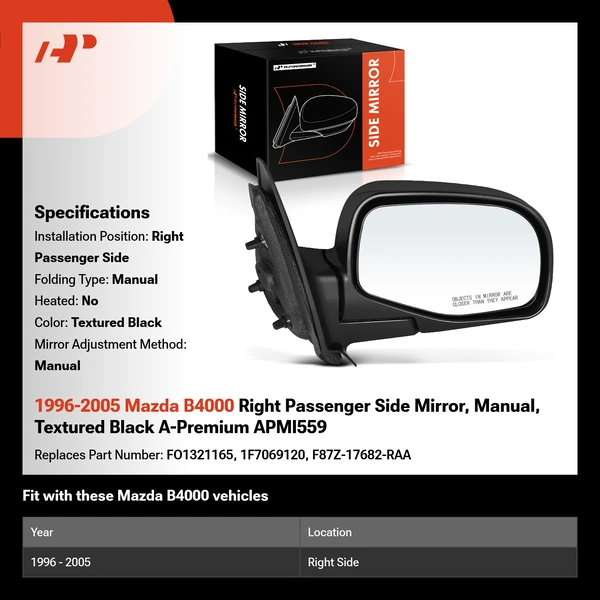 1996-2005 Mazda B4000 Right Passenger Side Mirror, Manual, Textured Black A-Premium APMI559