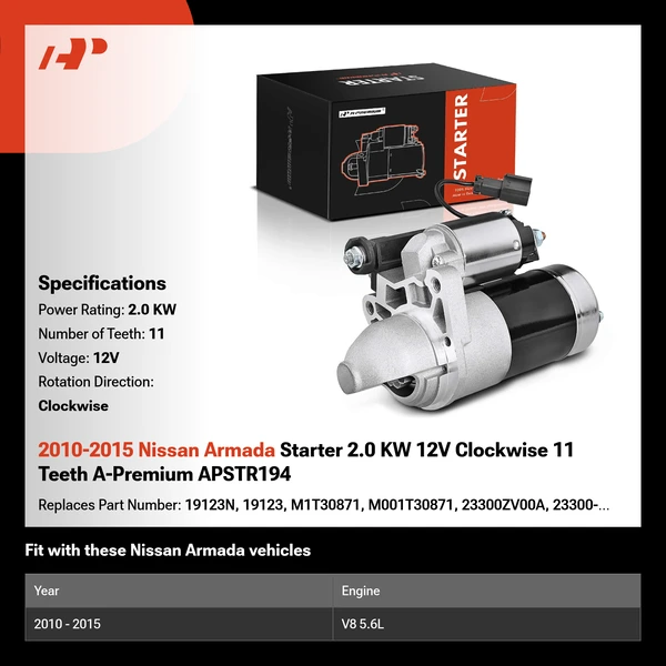 2010-2015 Nissan Armada Starter 2.0 KW 12V Clockwise 11 Teeth A-Premium APSTR194