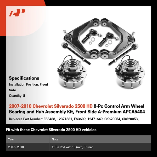2007-2010 Chevrolet Silverado 2500 HD 8-Pc Control Arm Wheel Bearing and Hub Assembly Kit, Front Side A-Premium APCA5404
