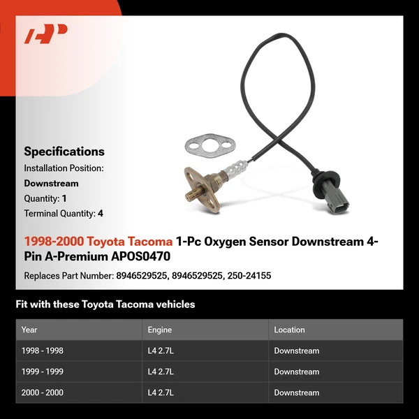 1998-2000 Toyota Tacoma 1-Pc Oxygen Sensor Downstream 4-Pin A-Premium APOS0470