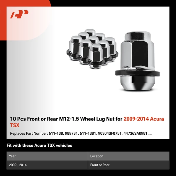 10 Pcs Front or Rear M12-1.5 Wheel Lug Nut for 2009-2014 Acura TSX