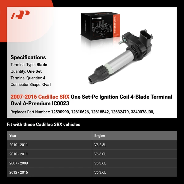 2007-2016 Cadillac SRX One Set-Pc Ignition Coil 4-Blade Terminal Oval A-Premium IC0023