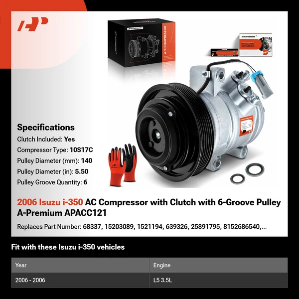 2006 Isuzu i-350 AC Compressor with Clutch with 6-Groove Pulley A-Premium APACC121