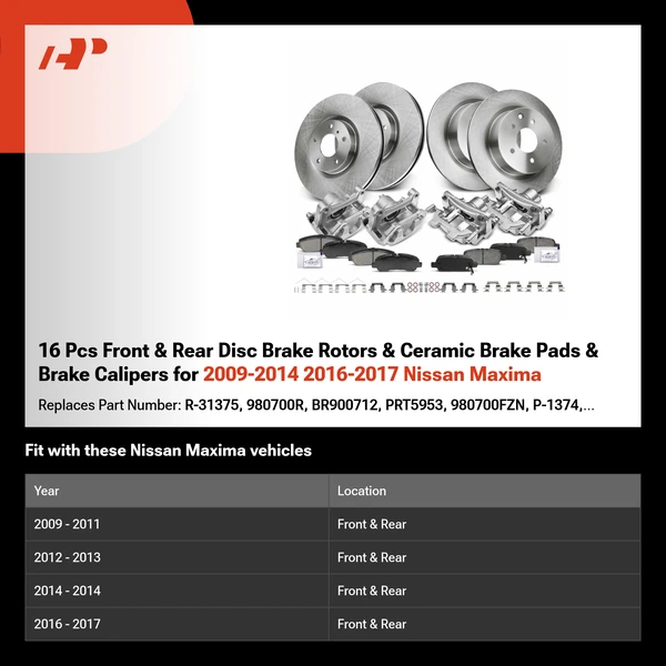 16 Pcs Front & Rear Disc Brake Rotors & Ceramic Brake Pads & Brake Calipers for 2009-2014 2016-2017 Nissan Maxima