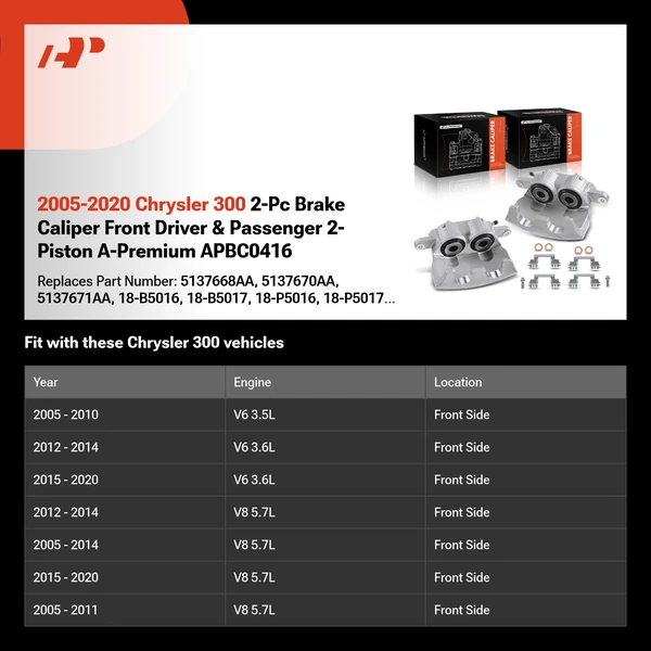 2005-2020 Chrysler 300 2-Pc Brake Caliper Front Driver & Passenger 2-Piston A-Premium APBC0416
