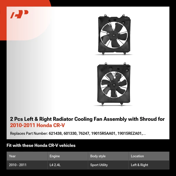 2 Pcs Left & Right Radiator Cooling Fan Assembly with Shroud for 2010-2011 Honda CR-V