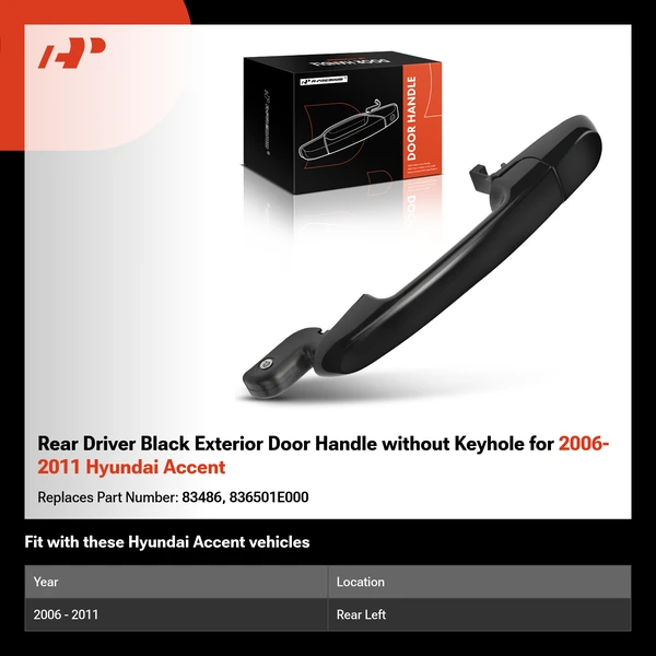 Rear Driver Black Exterior Door Handle without Keyhole for 2006-2011 Hyundai Accent