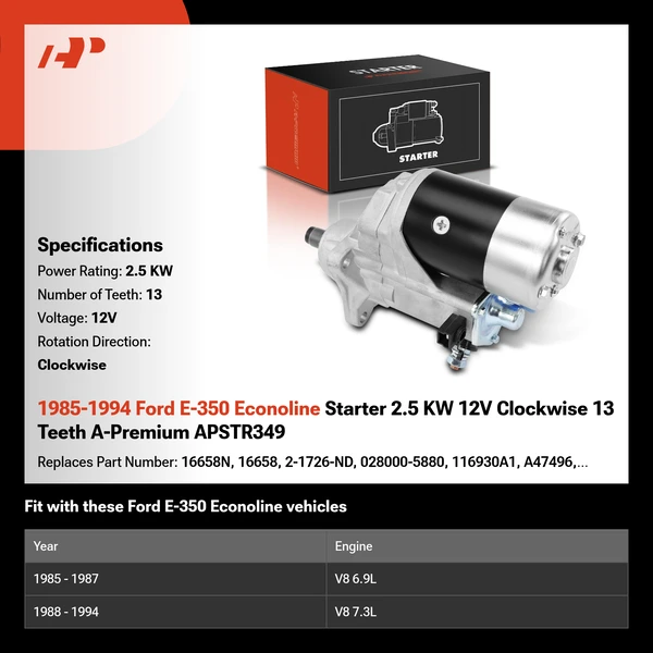 1985-1994 Ford E-350 Econoline Starter 2.5 KW 12V Clockwise 13 Teeth A-Premium APSTR349