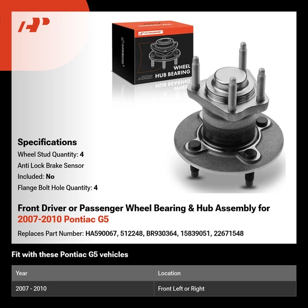 Front Driver or Passenger Wheel Bearing & Hub Assembly for 2007-2010 Pontiac G5