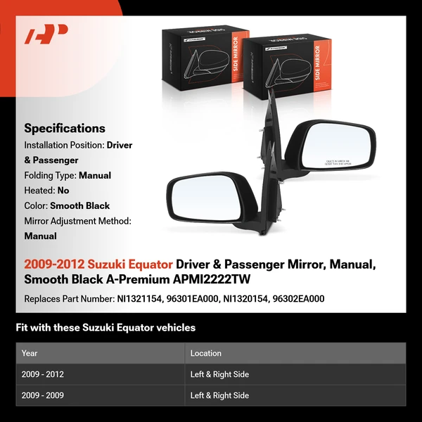 2009-2012 Suzuki Equator Driver & Passenger Mirror, Manual, Smooth Black A-Premium APMI2222TW