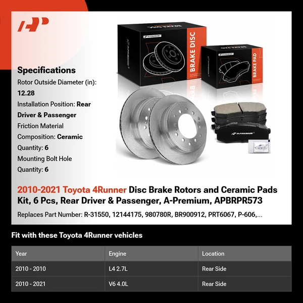 2010-2021 Toyota 4Runner Disc Brake Rotors and Ceramic Pads Kit, 6 Pcs, Rear Driver & Passenger, A-Premium, APBRPR573