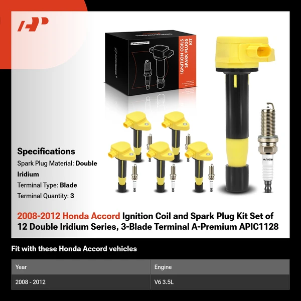 2008-2012 Honda Accord Ignition Coil and Spark Plug Kit Set of 12 Double Iridium Series, 3-Blade Terminal A-Premium APIC1128