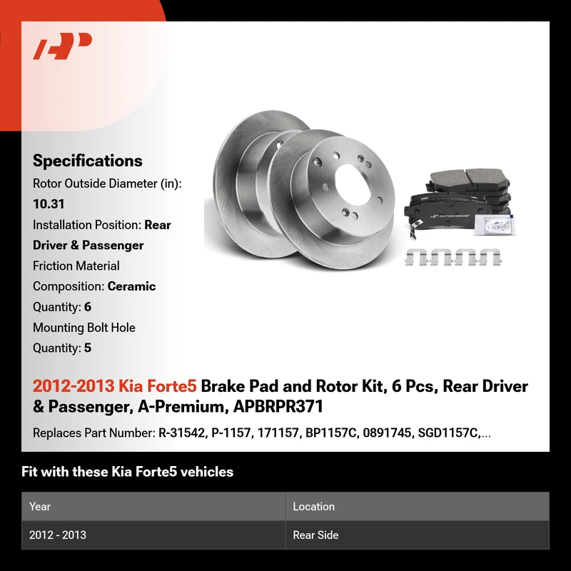 2012-2013 Kia Forte5 Brake Pad and Rotor Kit, 6 Pcs, Rear Driver & Passenger, A-Premium, APBRPR371