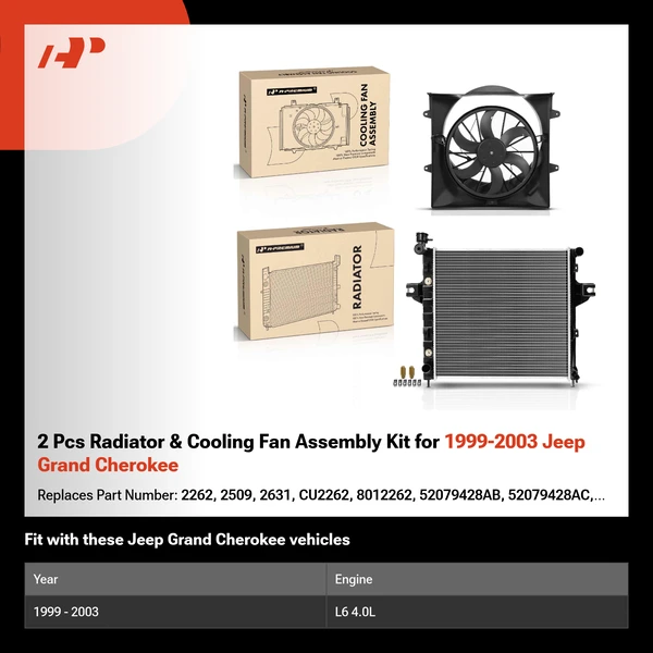 2 Pcs Radiator & Cooling Fan Assembly Kit for 1999-2003 Jeep Grand Cherokee
