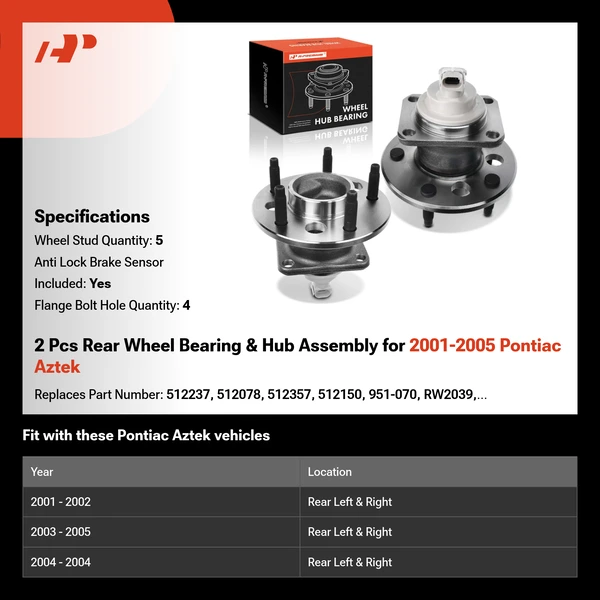 2 Pcs Rear Wheel Bearing & Hub Assembly for 2001-2005 Pontiac Aztek