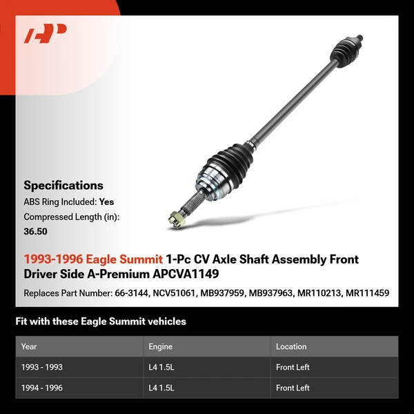 1993-1996 Eagle Summit 1-Pc CV Axle Shaft Assembly Front Driver Side A-Premium APCVA1149