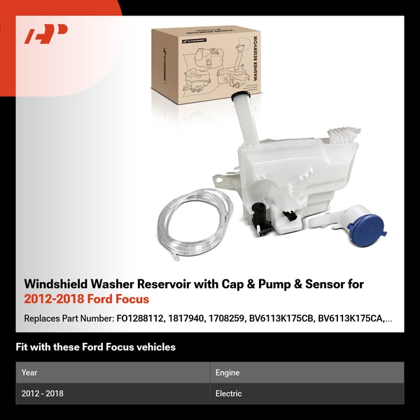 Windshield Washer Reservoir with Cap & Pump & Sensor for 2012-2018 Ford Focus