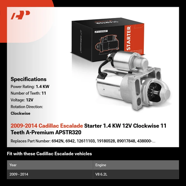 2009-2014 Cadillac Escalade Starter 1.4 KW 12V Clockwise 11 Teeth A-Premium APSTR320