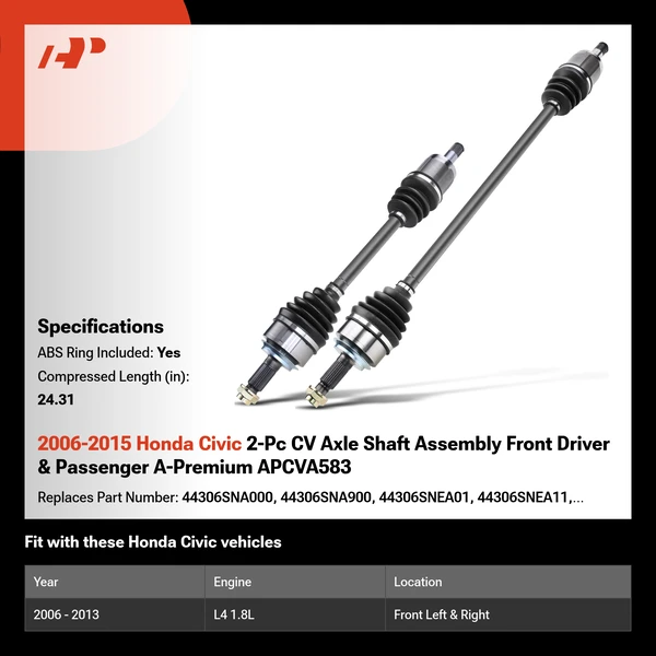 2006-2015 Honda Civic 2-Pc CV Axle Shaft Assembly Front Driver & Passenger A-Premium APCVA583