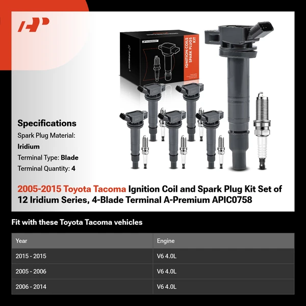 2005-2015 Toyota Tacoma Ignition Coil and Spark Plug Kit Set of 12 Iridium Series, 4-Blade Terminal A-Premium APIC0758