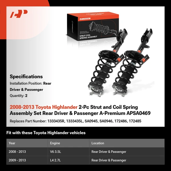 2008-2013 Toyota Highlander 2-Pc Strut and Coil Spring Assembly Set Rear Driver & Passenger A-Premium APSA0469